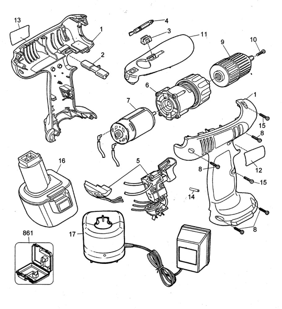 Drill Housing Diagram and Parts List for CD1200KTY1  Black and Decker Drill